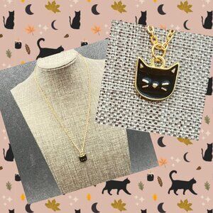 Hallowwen Cat Face Necklace 16 In Cute Gold Black Enamel Cat Lover Spooky Retro